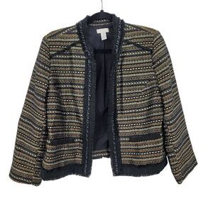 Chico's Boucle Tweed Blazer Size 1 M Black Gold Metallic Striped Chain‎ Trim